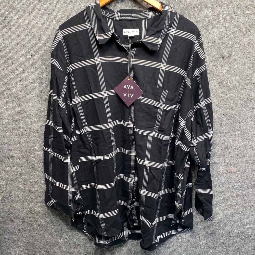 Ava & Viv Womens 3X Black White Plaid Button Down Shirt Long Sleeve Stretch New